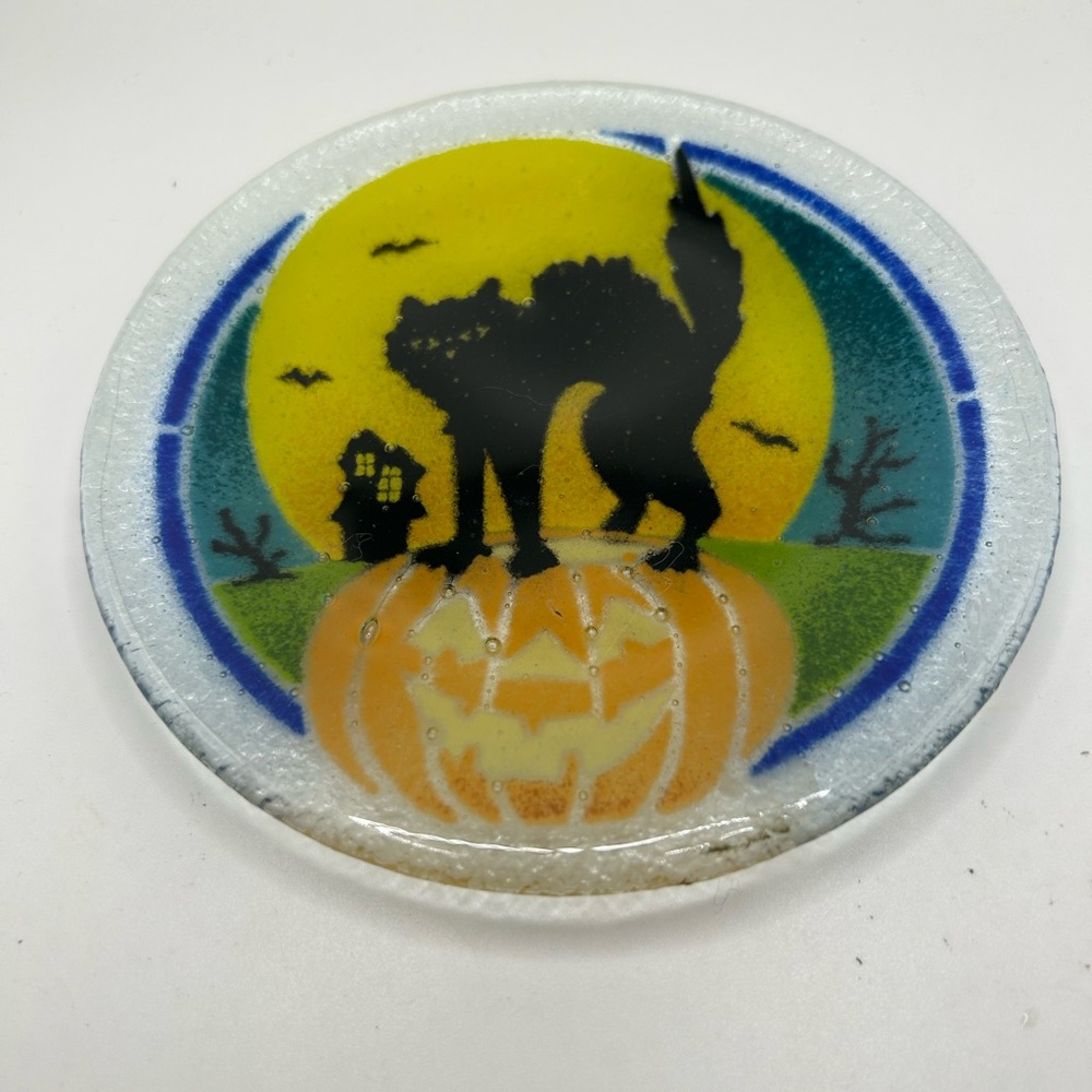 COPY - Peggy Karr Glass a 8” beautiful Black Cat Halloween Plate Handma…